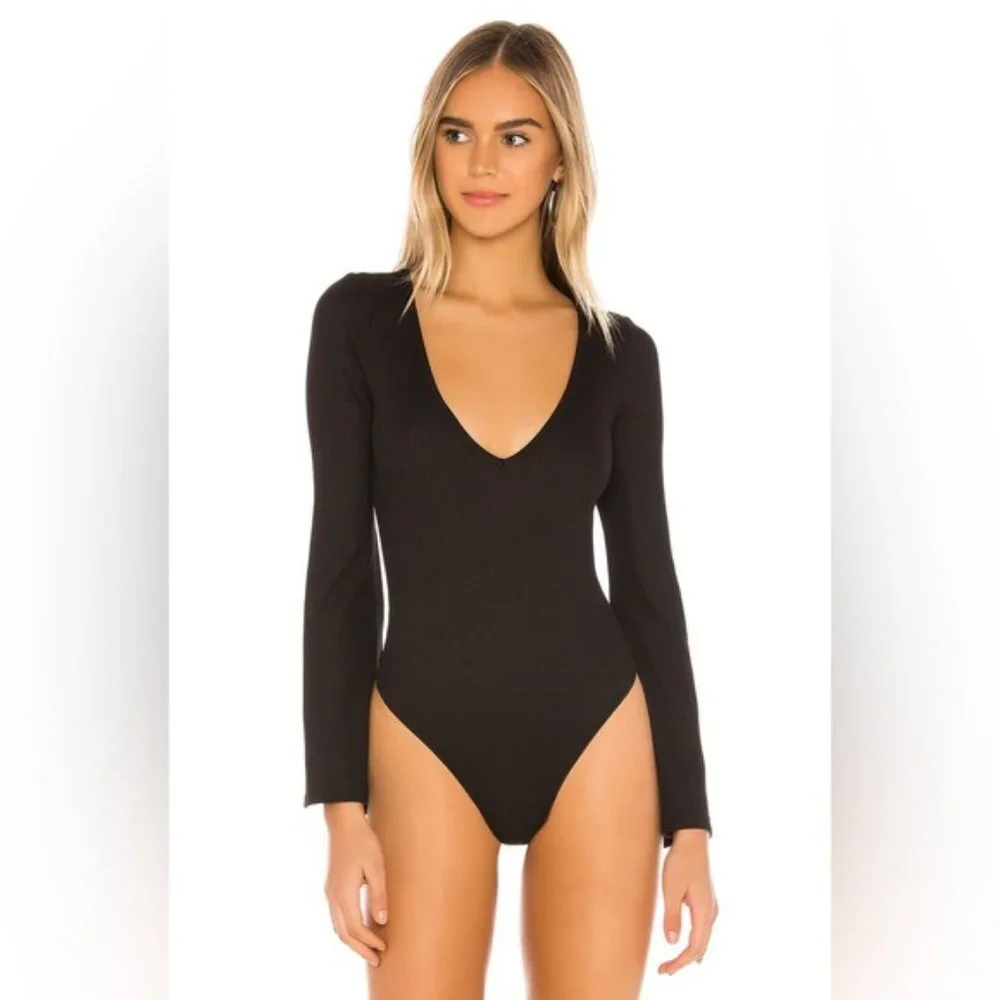 Free People Charli‎ Ribbed V-Neck Bodysuit Women’s Medium Black Bell Sleeve